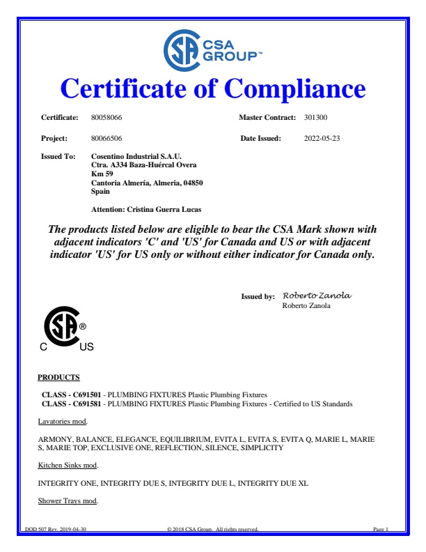 CSA Bath Certificate