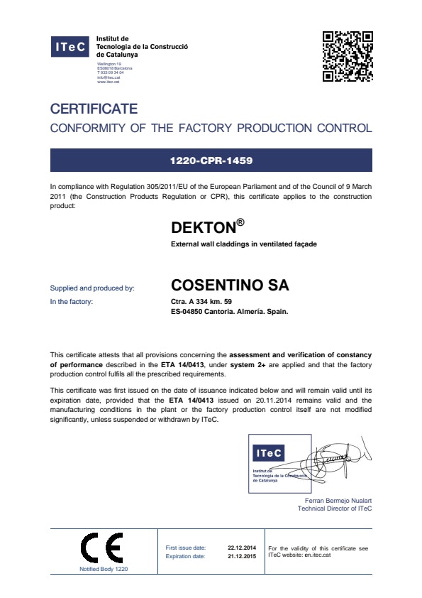 Dekton certificate conformity factory production control EN