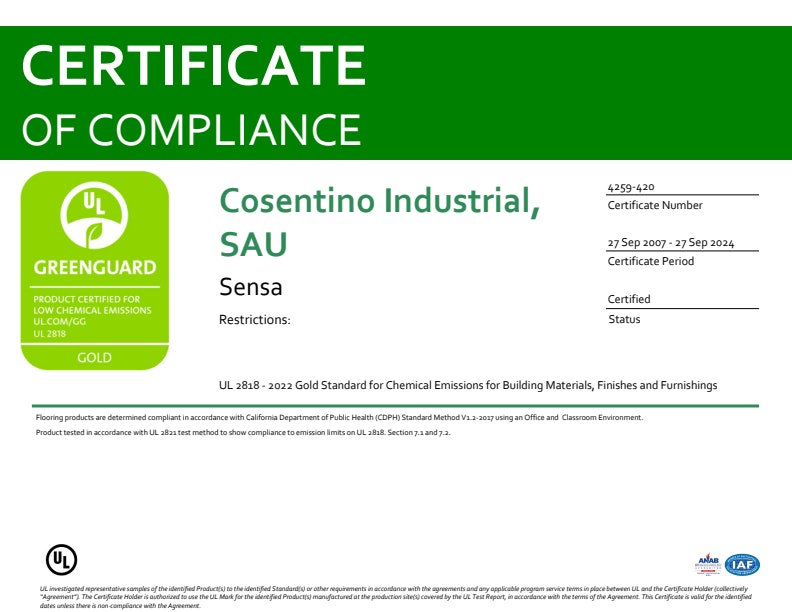 SENSA Greenguard & Greenguard Gold Certificates