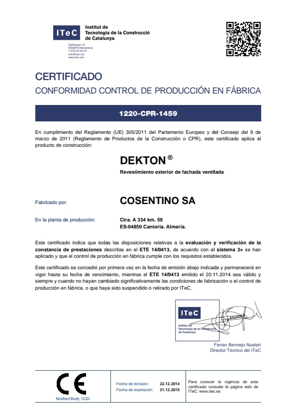 Dekton Certificado conformidad control de Producción en Fábrica ES