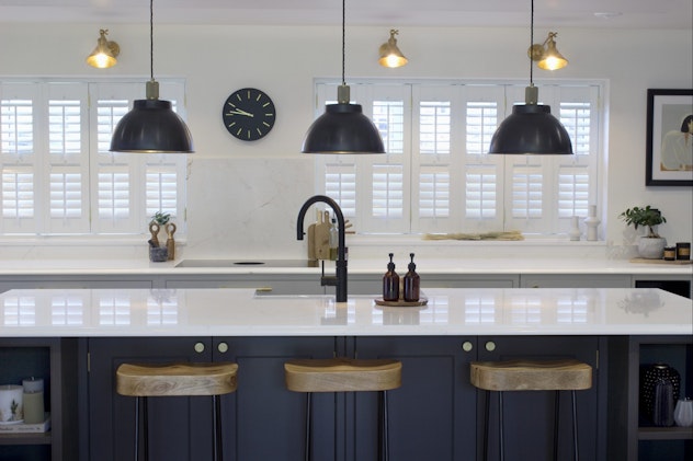 Elegant blue & off white shaker style kitchen in Sheffield