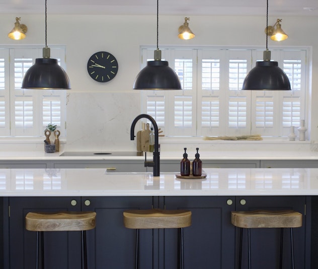 Elegant blue & off white shaker style kitchen in Sheffield