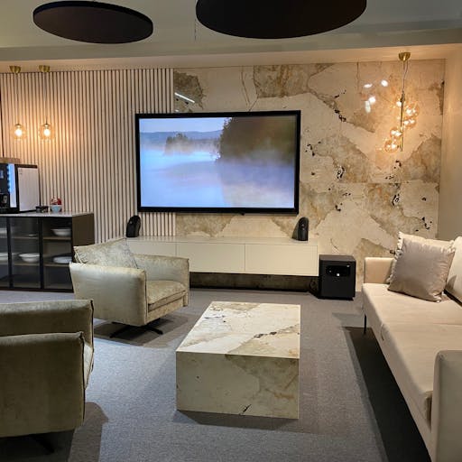 Image of dekton khalo lounge space walling and table cube in Galerij - Cosentino