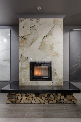 a fireplace with statement